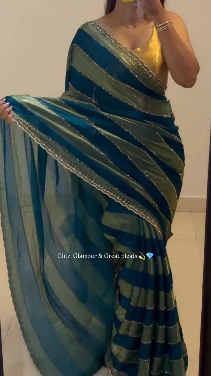 Luxury Space Soft Silk Blooming Saree with Elegant Jarkan & Swarovski Work