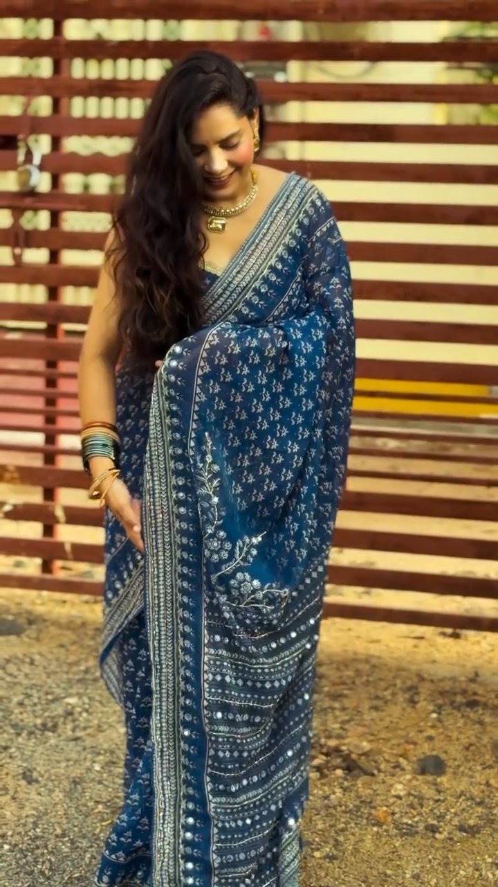 Celebrity Style Designer Georgette Saree with Mirror Work