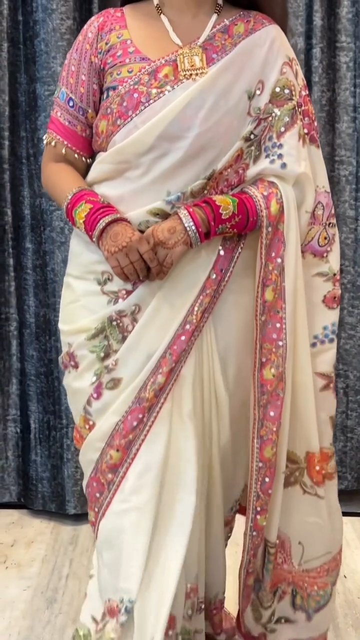 Designer Butterfly Floral Printed Saree with Real Mirror & Sequins Work