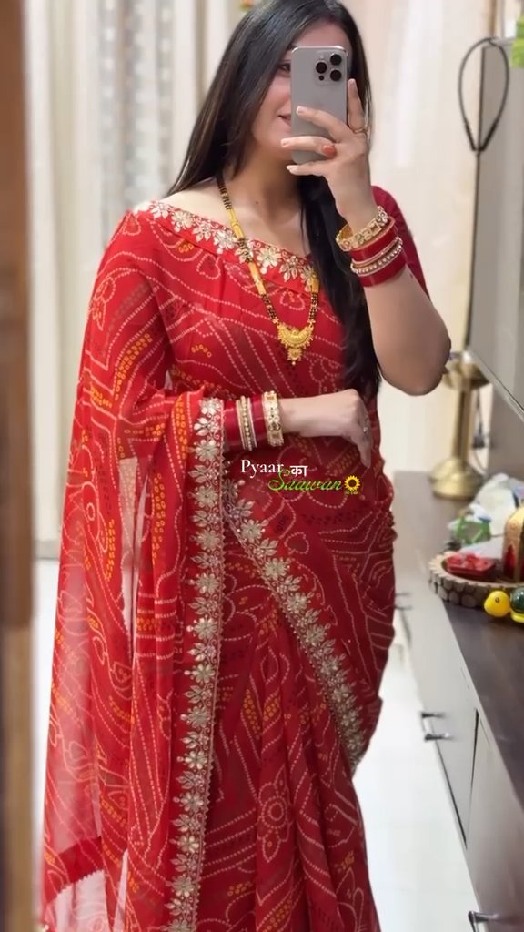 Special Saawan Red Bandhani Heavy Georgette Designer Saree with Gota Patti
