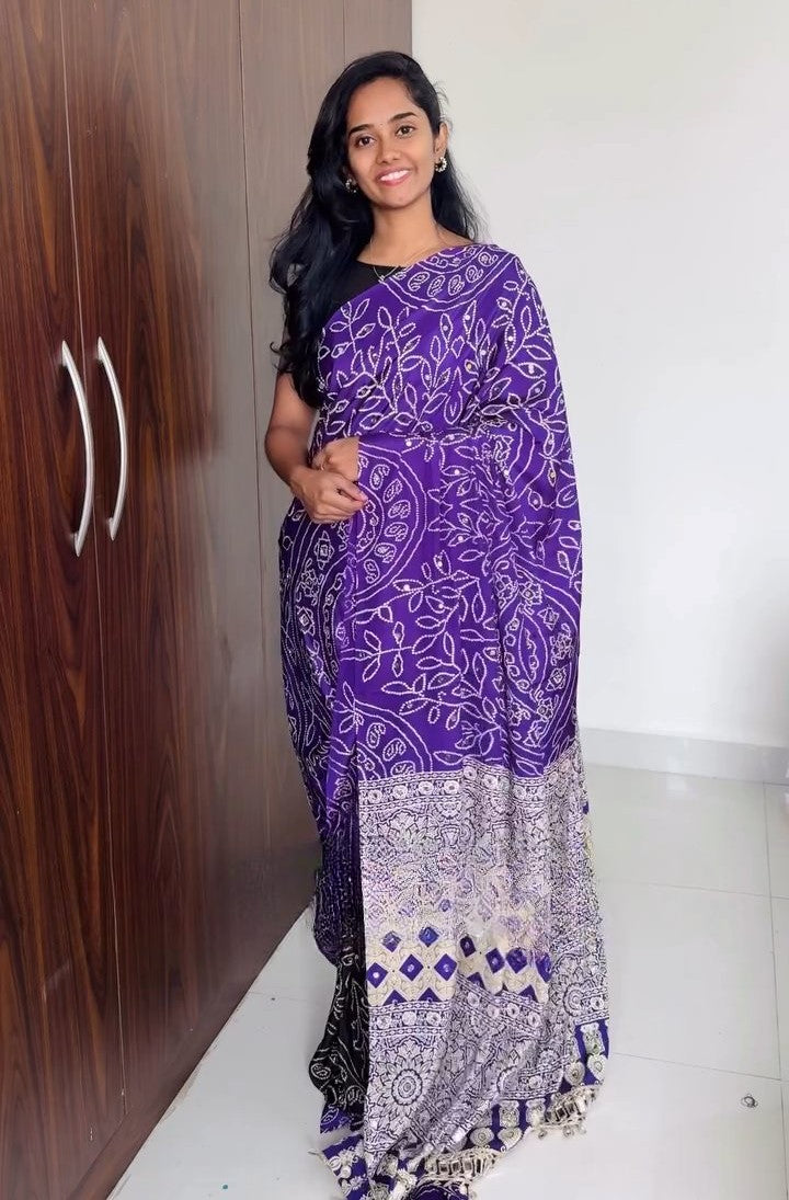 Ajrakh Print Satin Crepe Mirror Work Saree