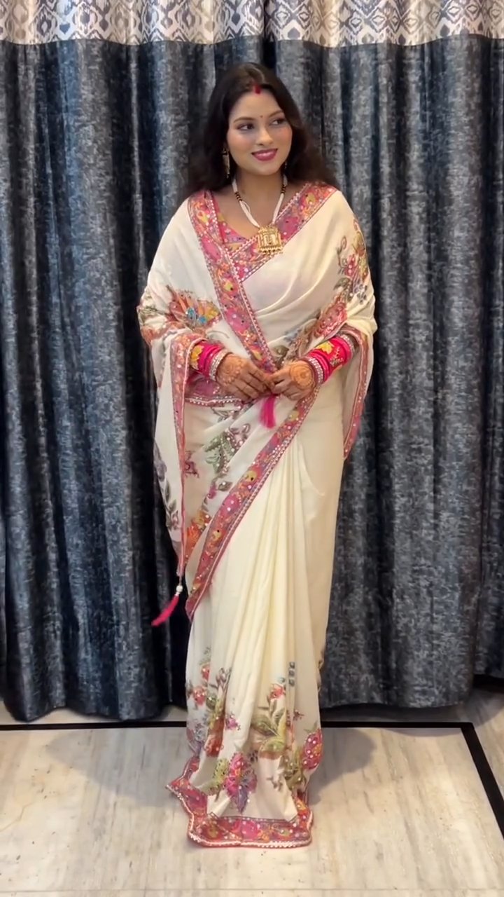 Designer Butterfly Floral Printed Saree with Real Mirror & Sequins Work