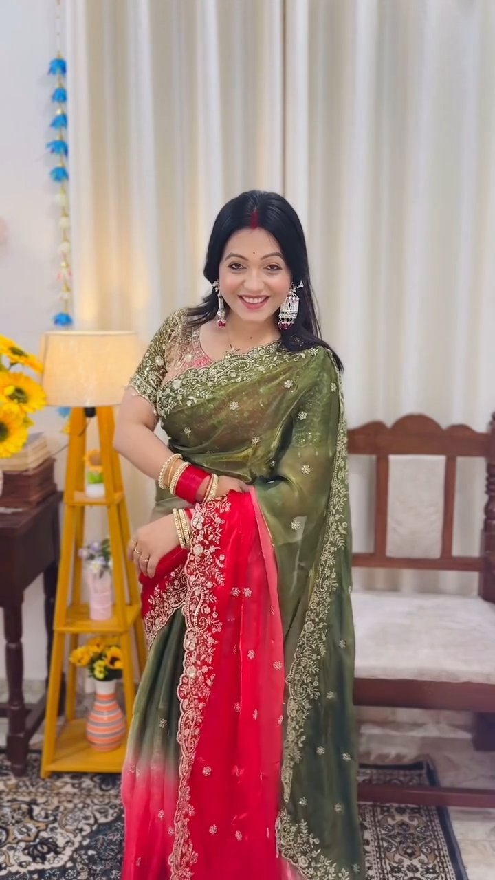 Premium Designer Fendy Satin Saree with Heavy Embroidery Sequence Work