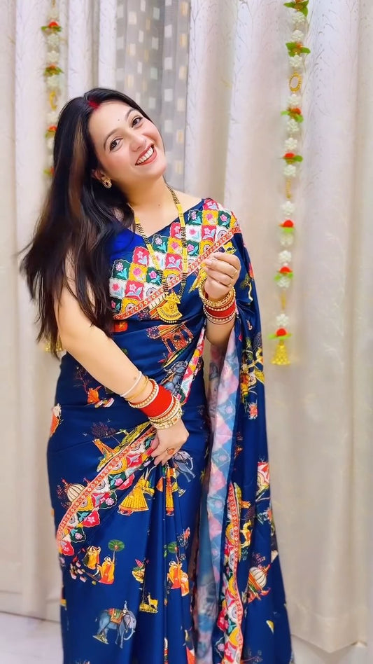 Premium Soft Crepe Satin Pichwai Print Saree with Katdana Handwork & Fancy Tassel Pallu