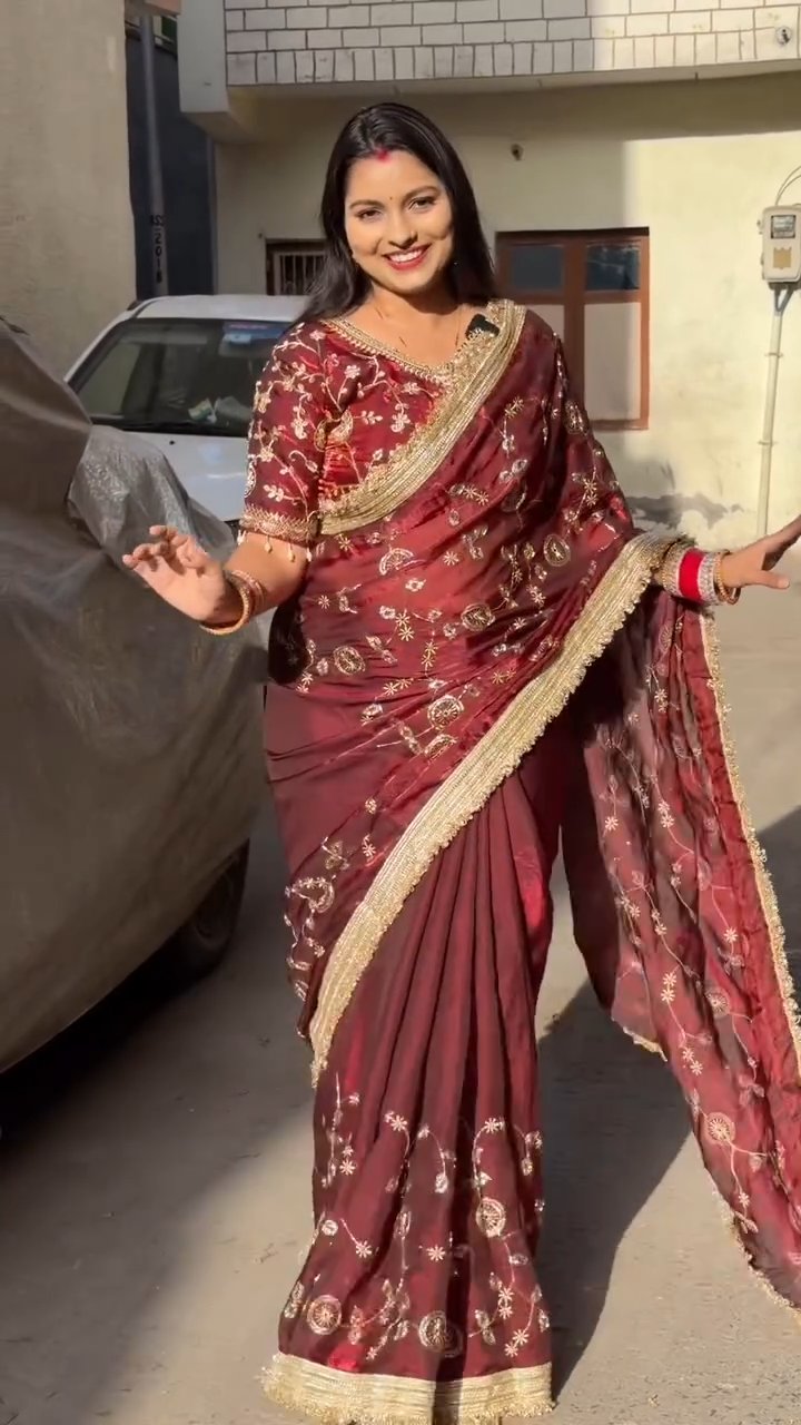Space Satin Bits Sequence Work Saree With Contrast Running Blouse